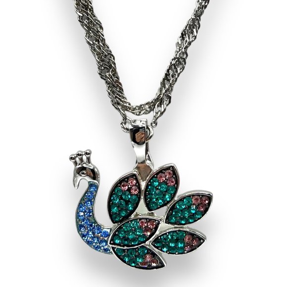 RMN Roman Signed HUGE Green/Blue/Pink Rhinestone PEACOCK Bird Pendant Necklace - Picture 9 of 10